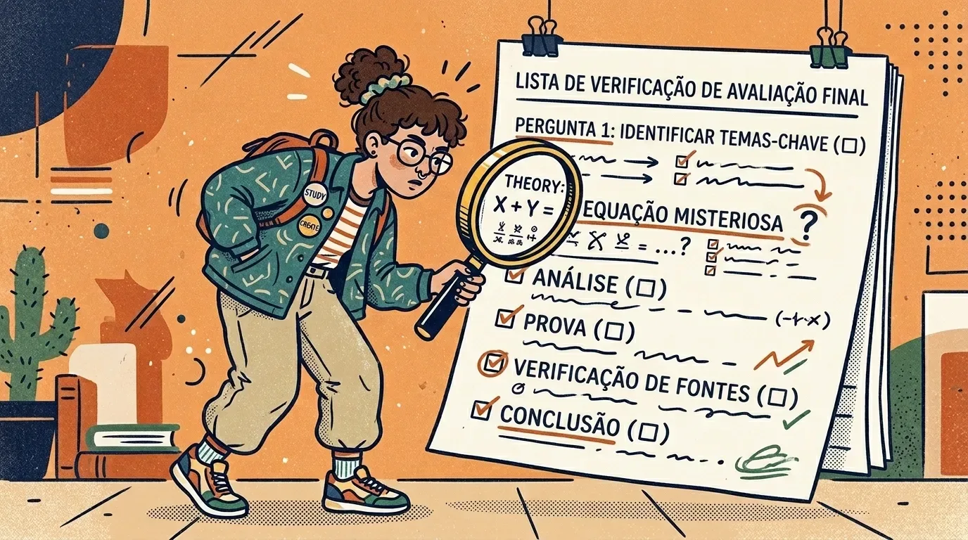 como se preparar para o vestibular depois de uma reprovação: Uma jovem de jaqueta jeans oversized (com pins "STUDY" e "CREATE"), óculos e cabelo cacheado preso está agachada e inclinada para a frente, olhando intensamente através de uma lupa para um grande bloco de papel pendurado em um cavalete. O papel tem o título "LISTA DE VERIFICAÇÃO DE AVALIAÇÃO FINAL" e uma lista de tarefas com checkboxes. Através da lupa, lê-se o texto "THEORY: X + Y = ?" e "EQUAÇÃO MISTERIOSA?". O cenário é bagunçado com cactos em vasos, pilhas de livros e formas geométricas abstratas flutuantes. Estilo de ilustração granulado com textura de retícula.