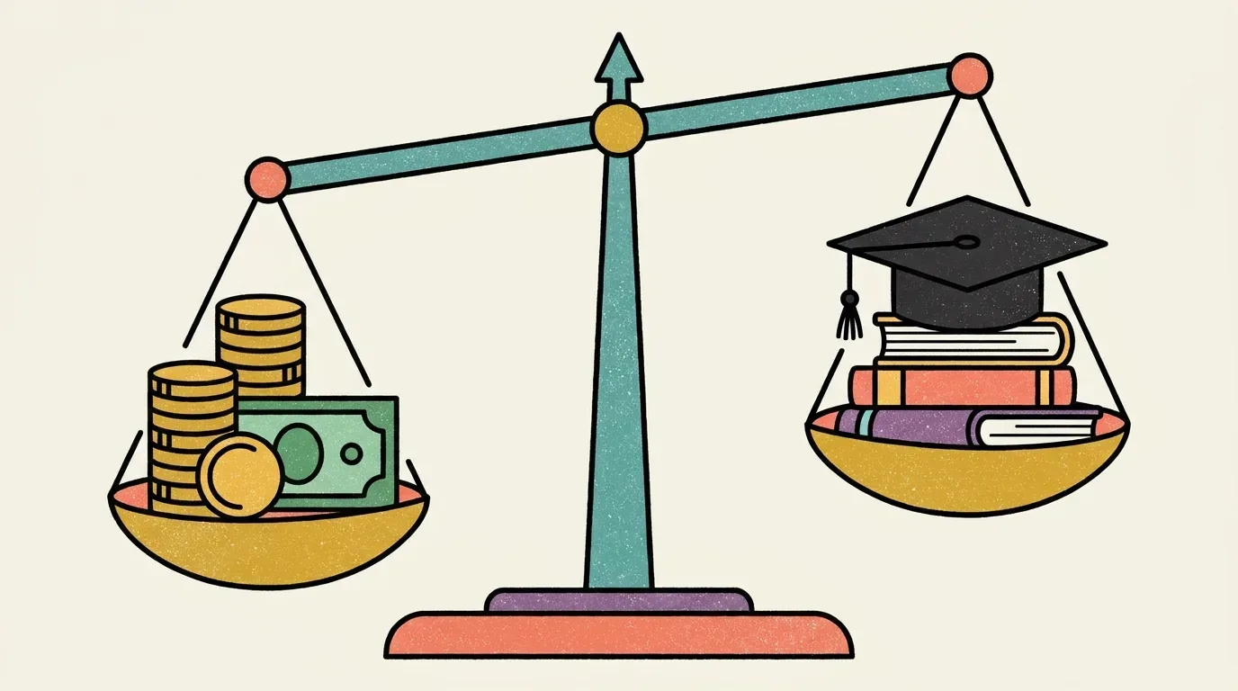 critérios para escolher cursinho preparatório: Uma ilustração de estilo editorial retrô e plana mostra uma balança de dois pratos antiga em perfeito equilíbrio. No prato esquerdo, há uma pilha de moedas douradas e notas de dinheiro verdes, representando finanças. No prato direito, há uma pilha de livros coloridos com um chapéu de formatura preto no topo, representando a graduação e o conhecimento. O conceito visual simboliza o equilíbrio entre o custo e o valor do investimento na educação.