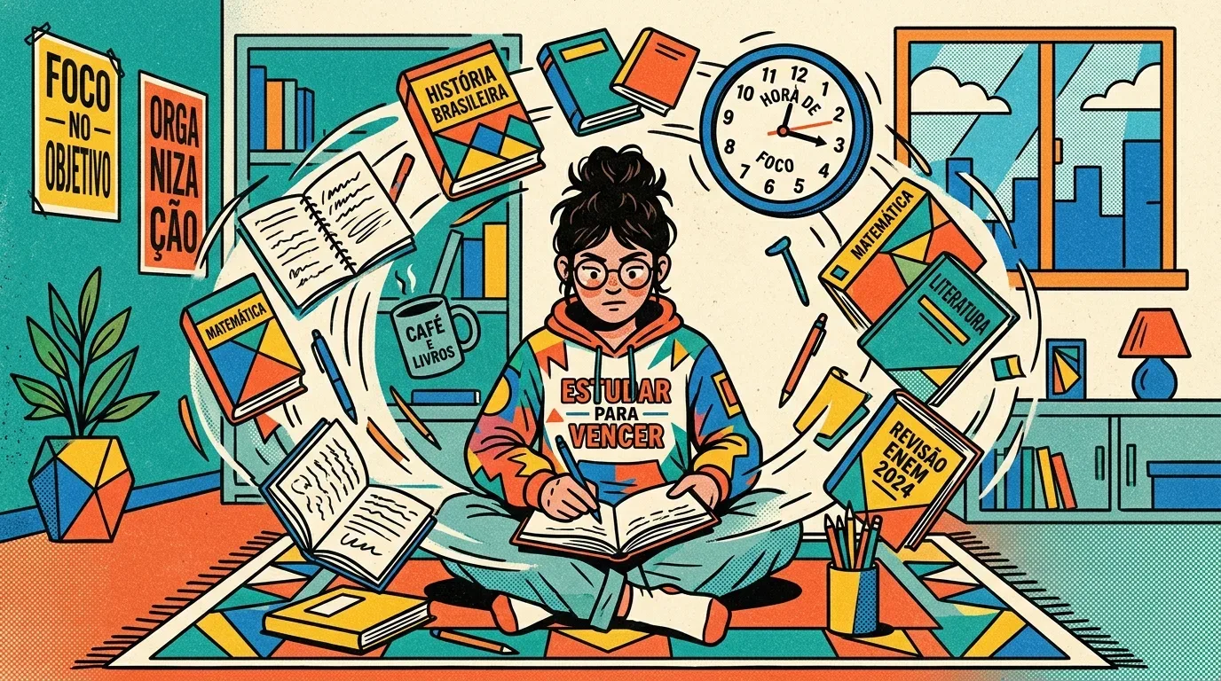 como passar no Instituto Federal: Uma ilustração colorida em estilo de quadrinhos de uma jovem estudante sentada de pernas cruzadas no chão de um quarto de estudo, flutuando e meditando. Ela veste um moletom colorido com o texto "ESTUDAR PARA VENCER". Ela está rodeada por livros e outros objetos de estudo flutuantes em um círculo de energia. No fundo, há pôsteres motivacionais com o texto "FOCO NO OBJETIVO" e "ORGANIZAÇÃO", além de um relógio de parede que indica "12 HORAS DE FOCO". Livros flutuantes têm títulos como "HISTÓRIA BRASILEIRA", "MATEMÁTICA", "LITERATURA" e "REVISÃO ENEM 2024". Uma caneca na estante tem o texto "CAFÉ E LIVROS". O ambiente é calmo e produtivo.