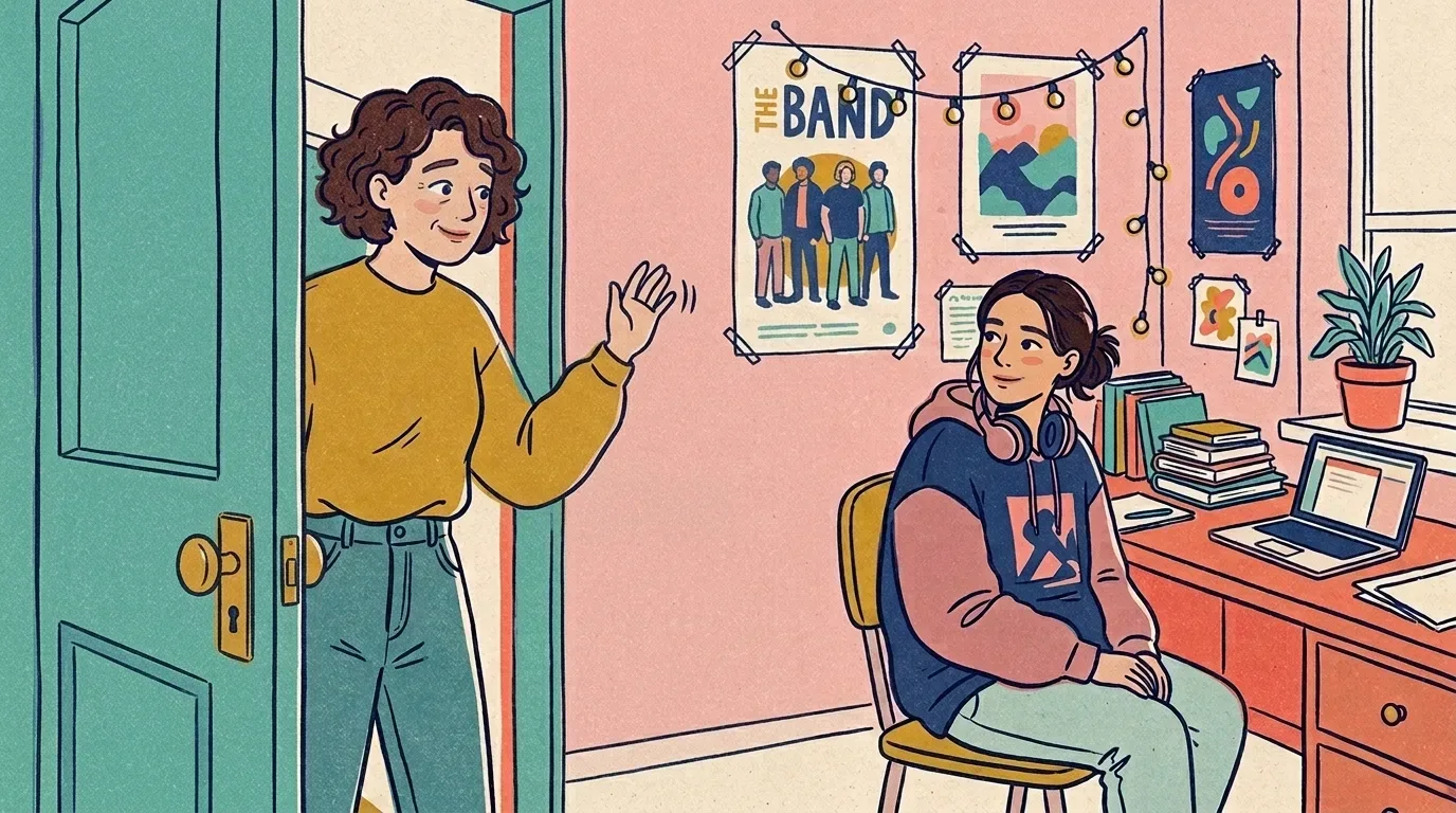 como pais podem ajudar filho no vestibular: Ilustração em estilo de quadrinhos coloridos mostrando uma mãe interagindo com a filha adolescente em seu quarto. À esquerda, a mãe, uma mulher de cabelos cacheados curtos e suéter amarelo, abre uma porta verde e acena com a mão, sorrindo gentilmente. À direita, a filha está sentada em uma cadeira de madeira em frente à sua mesa de estudos. Ela usa um moletom azul e rosa, tem fones de ouvido rosa apoiados no pescoço e olha para trás, sorrindo para a mãe. A mesa tem um notebook aberto e livros. A parede rosa ao fundo é decorada com luzes pisca-pisca e pôsteres de música.