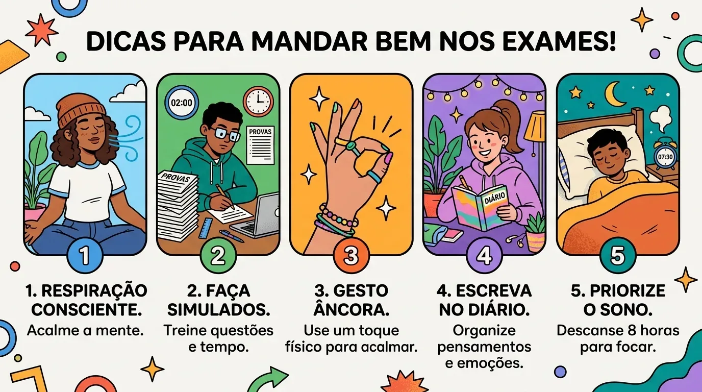 ansiedade antes do ENEM: Um infográfico ilustrado e colorido dividido em cinco painéis verticais, com o título principal "DICAS PARA MANDAR BEM NOS EXAMES!". Cada painel tem uma ilustração e texto descritivo. O painel 1, "1. RESPIRAÇÃO CONSCIENTE. Acalme a mente.", mostra uma mulher negra meditando. O painel 2, "2. FAÇA SIMULADOS. Treine questões e tempo.", mostra um homem negro estudando com pilhas de livros e um cronômetro. O painel 3, "3. GESTO ÂNCORA. Use um toque físico para acalmar.", mostra uma mão fazendo um gesto de "OK" com anéis e pulseiras. O painel 4, "4. ESCREVA NO DIÁRIO. Organize pensamentos e emoções.", mostra uma mulher branca escrevendo em um diário. O painel 5, "5. PRIORIZE O SONO. Descanse 8 horas para focar.", mostra um homem negro dormindo confortavelmente em uma cama. O fundo é limpo com formas geométricas e estrelas coloridas.
