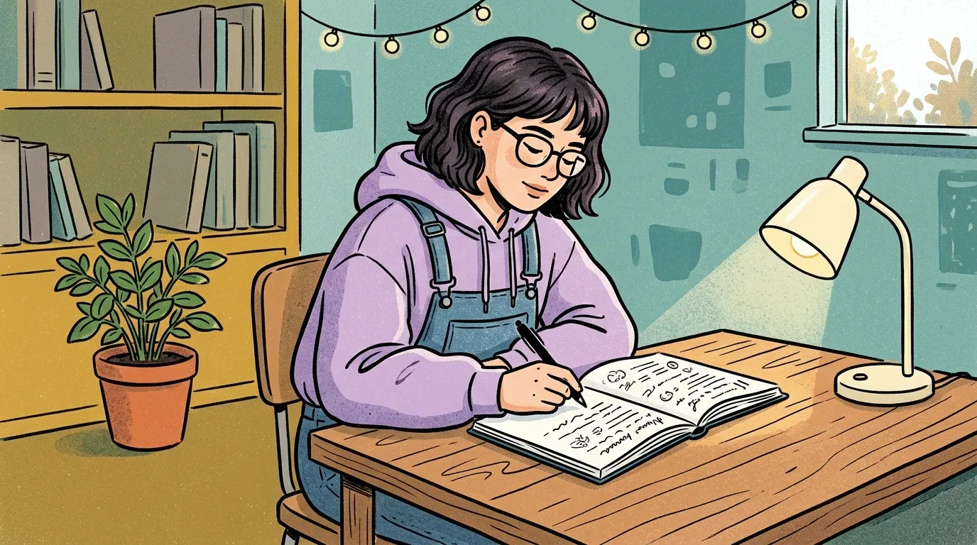como escolher o melhor cursinho: Ilustração em estilo lo-fi de uma jovem estudante focada no seu quarto. Ela tem cabelos escuros e ondulados, usa óculos, um moletom roxo e uma jardineira jeans. Sentada a uma mesa de madeira, ela escreve concentrada em um caderno aberto com uma caneta preta. Uma luminária de mesa à direita projeta uma luz quente sobre as páginas. Ao fundo, o ambiente acolhedor exibe uma estante cheia de livros, um vaso com uma planta verde e um cordão de luzes decorativas acesas na parede verde-água.