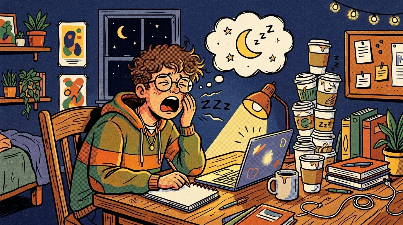 alimentação e desempenho nos estudos: Uma ilustração de estilo quadrinhos plana e noturna de um jovem estudante extremamente cansado, bocejando amplamente e com a mão no rosto, sentado a uma mesa de madeira. Acima dele, uma nuvem de pensamentos mostra uma lua crescente e estrelas com a palavra 'Zzz'. À sua direita, uma pilha gigante e cambaleante de copos de café vazios e empilhados, também com a inscrição 'Zzz', sugere privação de sono e dependência de cafeína. A mesa está desorganizada com um notebook aberto e livros. A janela ao fundo mostra a lua no céu noturno. O cenário transmite exaustão e o esgotamento do estudo noturno intenso.