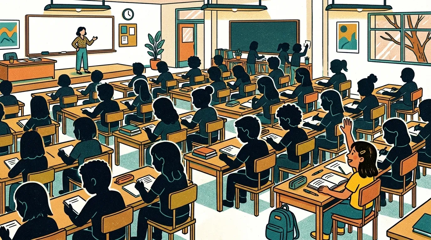 quando trocar de cursinho preparatório: porta aberta revelando corredor iluminado emUma ilustração vibrante e texturizada de uma sala de aula vista de ângulo alto. A sala está preenchida com fileiras de carteiras de madeira, onde quase todos os alunos sentados são representados como silhuetas escuras e homogêneas, lendo ou escrevendo. Três alunos silhuetados adicionais estão em pé no fundo, na frente de um quadro-negro. No canto inferior direito, uma única aluna é a única figura colorida e não silhuetada, vestindo uma camiseta amarela e calça azul, sentada em sua carteira e levantando a mão com entusiasmo. Uma professora colorida está de pé na frente de um quadro branco no topo, gesticulando enquanto ensina. A sala tem detalhes como um relógio de parede e uma janela. O conceito visual enfatiza o engajamento individual e a inclusão dentro de um ambiente educacional homogêneo.ambiente escolar vazio quando trocar de cursinho preparatório