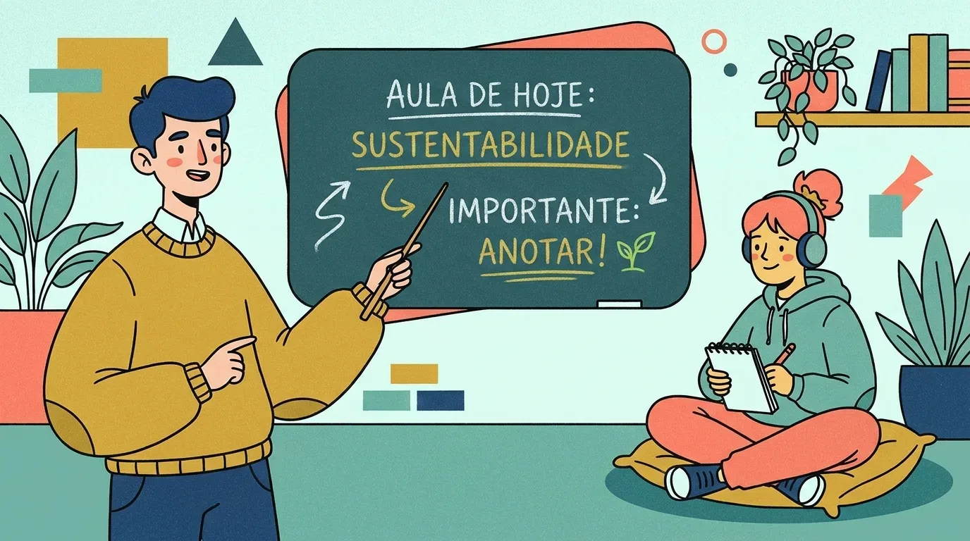 critérios para escolher cursinho preparatório: Uma ilustração limpa e moderna de uma sala de aula onde um professor e uma aluna interagem. À esquerda, um professor de suéter amarelo-claro e cabelos azuis sorri e aponta com um ponteiro para um quadro-negro. O quadro-negro no centro tem texto em branco e amarelo: 'AULA DE HOJE: SUSTENTABILIDADE' e 'IMPORTANTE: ANOTAR!'. À direita, uma aluna sentada em uma almofada no chão com fones de ouvido grandes escreve em um caderno de notas aberto. O ambiente de aprendizado é moderno e limpo, com vasos de plantas, prateleiras de livros e formas geométricas abstratas nas paredes. O estilo é de arte vetorial com cores suaves.