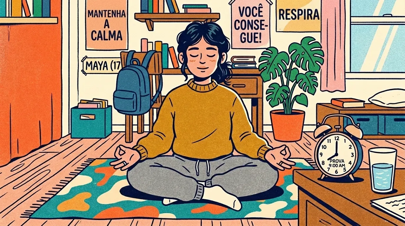 como passar no Instituto Federal: Uma ilustração colorida em estilo de quadrinhos de uma jovem estudante chamada Maya, com 17 anos, sentada de pernas cruzadas no chão de seu quarto em uma pose de meditação. Ela veste um suéter mostarda e calças cinzas. Ela tem os olhos fechados. No fundo, há pôsteres motivacionais com o texto "MANTENHA A CALMA", "VOCÊ CONSEGUE!" e "RESPIRA". Uma placa com o nome "MAYA (17)" está visível. Na mesa ao lado, há um despertador marcando 8:00 e uma prova com o texto "PROVA 9:00 AM". O ambiente é tranquilo e focado.