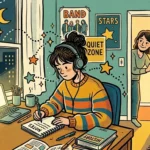 Ilustração colorida com textura de retícula de uma jovem estudando concentrada em seu quarto durante a noite. Ela está sentada de perfil na escrivaninha, usa um suéter listrado colorido, fones de ouvido grandes e escreve em um caderno de notas. Na mesa de madeira, há um notebook aceso, uma caneca e um livro de história. À esquerda, uma grande janela mostra o céu noturno com uma lua crescente e estrelas brilhantes sobre a silhueta da cidade. À direita, uma mulher (sua mãe) abre a porta de madeira do quarto de forma suave, olhando para ela com um sorriso acolhedor e discreto. Na parede ao fundo, há um cartaz amarelo onde se lê "Quiet Zone" (Zona de Silêncio). (como pais podem ajudar filho no vestibular)