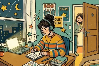 Ilustração colorida com textura de retícula de uma jovem estudando concentrada em seu quarto durante a noite. Ela está sentada de perfil na escrivaninha, usa um suéter listrado colorido, fones de ouvido grandes e escreve em um caderno de notas. Na mesa de madeira, há um notebook aceso, uma caneca e um livro de história. À esquerda, uma grande janela mostra o céu noturno com uma lua crescente e estrelas brilhantes sobre a silhueta da cidade. À direita, uma mulher (sua mãe) abre a porta de madeira do quarto de forma suave, olhando para ela com um sorriso acolhedor e discreto. Na parede ao fundo, há um cartaz amarelo onde se lê "Quiet Zone" (Zona de Silêncio). (como pais podem ajudar filho no vestibular)