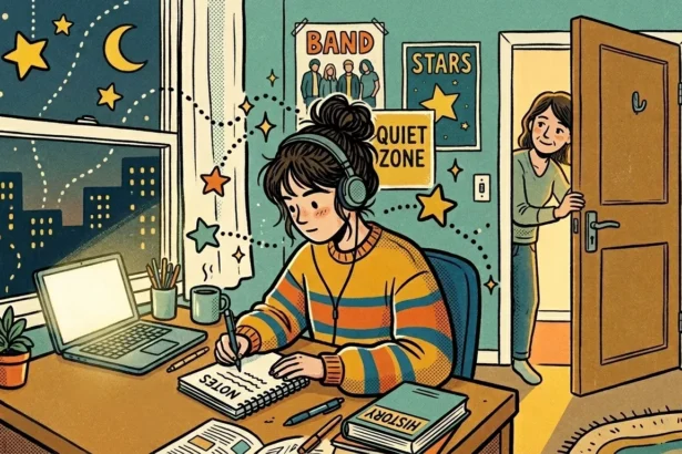 Ilustração colorida com textura de retícula de uma jovem estudando concentrada em seu quarto durante a noite. Ela está sentada de perfil na escrivaninha, usa um suéter listrado colorido, fones de ouvido grandes e escreve em um caderno de notas. Na mesa de madeira, há um notebook aceso, uma caneca e um livro de história. À esquerda, uma grande janela mostra o céu noturno com uma lua crescente e estrelas brilhantes sobre a silhueta da cidade. À direita, uma mulher (sua mãe) abre a porta de madeira do quarto de forma suave, olhando para ela com um sorriso acolhedor e discreto. Na parede ao fundo, há um cartaz amarelo onde se lê "Quiet Zone" (Zona de Silêncio). (como pais podem ajudar filho no vestibular)