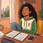 Uma ilustração estilo quadrinhos de uma jovem estudante negra com cabelos cacheados, vestindo um casaco IFES verde e branco, sentada à mesa de estudos com os olhos fechados em meditação. Ela está focada e serena. A mesa está repleta de materiais de estudo, incluindo um caderno aberto com anotações de "BIOLOGIA" e "REVISÃO ENEM", livros de "GEOGRAFIA" e "QUÍMICA", um celular e um estojo. Há uma caneca com a inscrição "CALMA FOCADA". O ambiente é um quarto calmo com uma janela aberta mostrando uma vista urbana ao pôr do sol ou amanhecer e várias plantas em vasos. Um mural de cortiça atrás dela tem fotos e bilhetes de "BOA SORTE!". (ansiedade antes do ENEM)