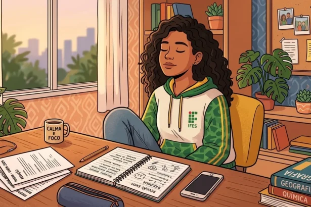 Uma ilustração estilo quadrinhos de uma jovem estudante negra com cabelos cacheados, vestindo um casaco IFES verde e branco, sentada à mesa de estudos com os olhos fechados em meditação. Ela está focada e serena. A mesa está repleta de materiais de estudo, incluindo um caderno aberto com anotações de "BIOLOGIA" e "REVISÃO ENEM", livros de "GEOGRAFIA" e "QUÍMICA", um celular e um estojo. Há uma caneca com a inscrição "CALMA FOCADA". O ambiente é um quarto calmo com uma janela aberta mostrando uma vista urbana ao pôr do sol ou amanhecer e várias plantas em vasos. Um mural de cortiça atrás dela tem fotos e bilhetes de "BOA SORTE!". (ansiedade antes do ENEM)
