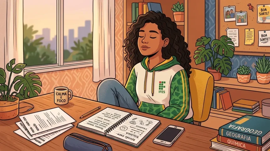 Uma ilustração estilo quadrinhos de uma jovem estudante negra com cabelos cacheados, vestindo um casaco IFES verde e branco, sentada à mesa de estudos com os olhos fechados em meditação. Ela está focada e serena. A mesa está repleta de materiais de estudo, incluindo um caderno aberto com anotações de "BIOLOGIA" e "REVISÃO ENEM", livros de "GEOGRAFIA" e "QUÍMICA", um celular e um estojo. Há uma caneca com a inscrição "CALMA FOCADA". O ambiente é um quarto calmo com uma janela aberta mostrando uma vista urbana ao pôr do sol ou amanhecer e várias plantas em vasos. Um mural de cortiça atrás dela tem fotos e bilhetes de "BOA SORTE!". (ansiedade antes do ENEM)