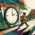 Ilustração colorida e estilizada com foco em gestão de tempo e estudos. À esquerda, destaca-se um calendário gigante sobreposto por um grande relógio analógico, com folhas de papel flutuando ao redor. No centro, uma estudante usando casaco amarelo, calça escura e mochila caminha por uma calçada em direção a um grande prédio escolar de tijolos à direita, que possui janelas coloridas. Ao fundo e nas laterais, outros estudantes circulam pelo campus em um cenário de cores vibrantes e texturas granuladas. (como escolher o melhor cursinho)