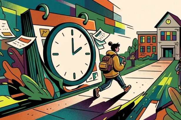 Ilustração colorida e estilizada com foco em gestão de tempo e estudos. À esquerda, destaca-se um calendário gigante sobreposto por um grande relógio analógico, com folhas de papel flutuando ao redor. No centro, uma estudante usando casaco amarelo, calça escura e mochila caminha por uma calçada em direção a um grande prédio escolar de tijolos à direita, que possui janelas coloridas. Ao fundo e nas laterais, outros estudantes circulam pelo campus em um cenário de cores vibrantes e texturas granuladas. (como escolher o melhor cursinho)