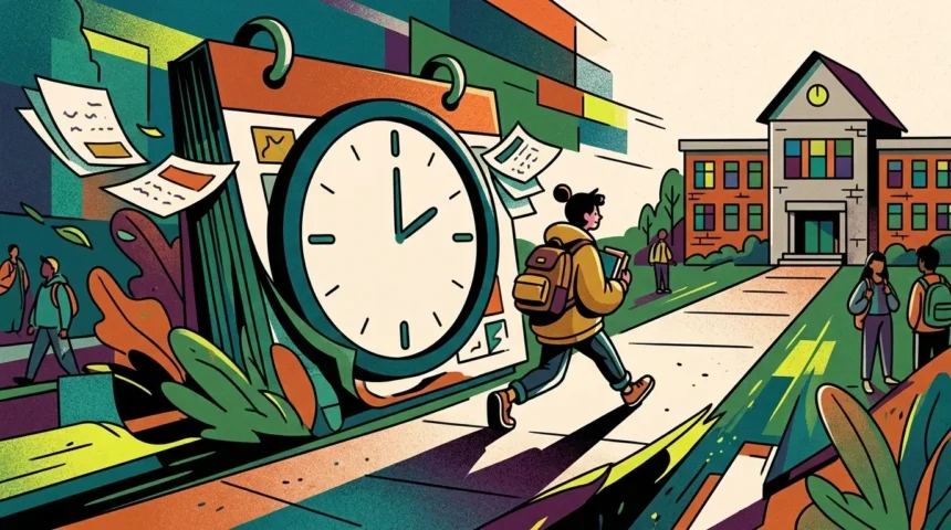 Ilustração colorida e estilizada com foco em gestão de tempo e estudos. À esquerda, destaca-se um calendário gigante sobreposto por um grande relógio analógico, com folhas de papel flutuando ao redor. No centro, uma estudante usando casaco amarelo, calça escura e mochila caminha por uma calçada em direção a um grande prédio escolar de tijolos à direita, que possui janelas coloridas. Ao fundo e nas laterais, outros estudantes circulam pelo campus em um cenário de cores vibrantes e texturas granuladas. (como escolher o melhor cursinho)