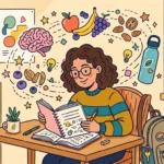 Estilo quadrinhos plana de uma jovem estudante sentada a uma mesa de madeira, focada em um caderno aberto com anotações. Acima dela, uma nuvem de pensamentos flutua, contendo desenhos de um cérebro, frutas frescas (maçã, banana, uvas, mirtilos) e nozes misturadas, sugerindo alimentação saudável e concentração. O cenário inclui uma estante de livros, uma janela aberta com vista da cidade e plantas em vasos, transmitindo um ambiente de estudo calmo e produtivo. Uma mochila de escola está no chão ao lado. (alimentação e desempenho nos estudos)