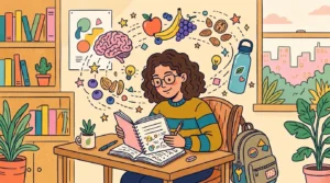 Estilo quadrinhos plana de uma jovem estudante sentada a uma mesa de madeira, focada em um caderno aberto com anotações. Acima dela, uma nuvem de pensamentos flutua, contendo desenhos de um cérebro, frutas frescas (maçã, banana, uvas, mirtilos) e nozes misturadas, sugerindo alimentação saudável e concentração. O cenário inclui uma estante de livros, uma janela aberta com vista da cidade e plantas em vasos, transmitindo um ambiente de estudo calmo e produtivo. Uma mochila de escola está no chão ao lado. (alimentação e desempenho nos estudos)