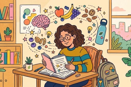 Estilo quadrinhos plana de uma jovem estudante sentada a uma mesa de madeira, focada em um caderno aberto com anotações. Acima dela, uma nuvem de pensamentos flutua, contendo desenhos de um cérebro, frutas frescas (maçã, banana, uvas, mirtilos) e nozes misturadas, sugerindo alimentação saudável e concentração. O cenário inclui uma estante de livros, uma janela aberta com vista da cidade e plantas em vasos, transmitindo um ambiente de estudo calmo e produtivo. Uma mochila de escola está no chão ao lado. (alimentação e desempenho nos estudos)