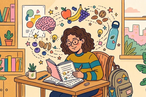 Estilo quadrinhos plana de uma jovem estudante sentada a uma mesa de madeira, focada em um caderno aberto com anotações. Acima dela, uma nuvem de pensamentos flutua, contendo desenhos de um cérebro, frutas frescas (maçã, banana, uvas, mirtilos) e nozes misturadas, sugerindo alimentação saudável e concentração. O cenário inclui uma estante de livros, uma janela aberta com vista da cidade e plantas em vasos, transmitindo um ambiente de estudo calmo e produtivo. Uma mochila de escola está no chão ao lado. (alimentação e desempenho nos estudos)