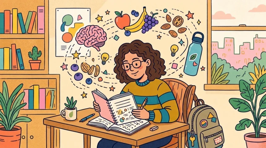 Estilo quadrinhos plana de uma jovem estudante sentada a uma mesa de madeira, focada em um caderno aberto com anotações. Acima dela, uma nuvem de pensamentos flutua, contendo desenhos de um cérebro, frutas frescas (maçã, banana, uvas, mirtilos) e nozes misturadas, sugerindo alimentação saudável e concentração. O cenário inclui uma estante de livros, uma janela aberta com vista da cidade e plantas em vasos, transmitindo um ambiente de estudo calmo e produtivo. Uma mochila de escola está no chão ao lado. (alimentação e desempenho nos estudos)