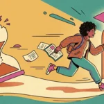 Arte vetorial texturizada e dinâmica com um forte senso de movimento e propósito. À esquerda, uma ampulheta grande e texturizada está quebrada no topo, com a areia fluindo para fora, sugerindo urgência e tempo esgotado. No centro, uma jovem mulher de cabelos cacheados, vestindo uma jaqueta estampada e calça azul e carregando uma mochila, corre em um caminho sinuoso e brilhante em direção à direita. Ela está sorrindo e olhando para a frente. À direita, ela corre através de um portal em forma de arco que brilha com luz amarela. Acima do portal, um chapéu de formatura prateado e rosa é visível com um pingente de chave pendurado, simbolizando a conquista acadêmica e o futuro. O fundo transita de amarelo para verde-azulado com setas de movimento abstratas. O conceito simboliza superar prazos para alcançar o sucesso educacional. (quando trocar de cursinho preparatório)