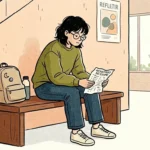 Uma estudante de cabelo curto e óculos, vestindo um moletom verde e jeans, está sentada desanimada e com a cabeça baixa em um banco de madeira no corredor da escola. Ela segura e lê um papel com o título "RESULTADO DO EXAME", que mostra uma nota "3/10" riscada em vermelho. Ao lado dela, no banco, estão sua mochila bege com pins e uma garrafa d'água. Na parede de concreto rosa atrás, há um pôster com formas geométricas e a palavra "REFLETIR" no topo. Duas janelas grandes ao fundo mostram uma árvore verde. O estilo é de quadrinhos com textura granulada. (como se preparar para o vestibular depois de uma reprovação)