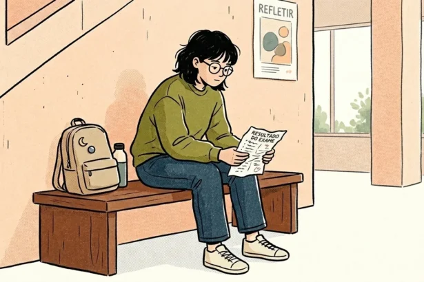 Uma estudante de cabelo curto e óculos, vestindo um moletom verde e jeans, está sentada desanimada e com a cabeça baixa em um banco de madeira no corredor da escola. Ela segura e lê um papel com o título "RESULTADO DO EXAME", que mostra uma nota "3/10" riscada em vermelho. Ao lado dela, no banco, estão sua mochila bege com pins e uma garrafa d'água. Na parede de concreto rosa atrás, há um pôster com formas geométricas e a palavra "REFLETIR" no topo. Duas janelas grandes ao fundo mostram uma árvore verde. O estilo é de quadrinhos com textura granulada. (como se preparar para o vestibular depois de uma reprovação)