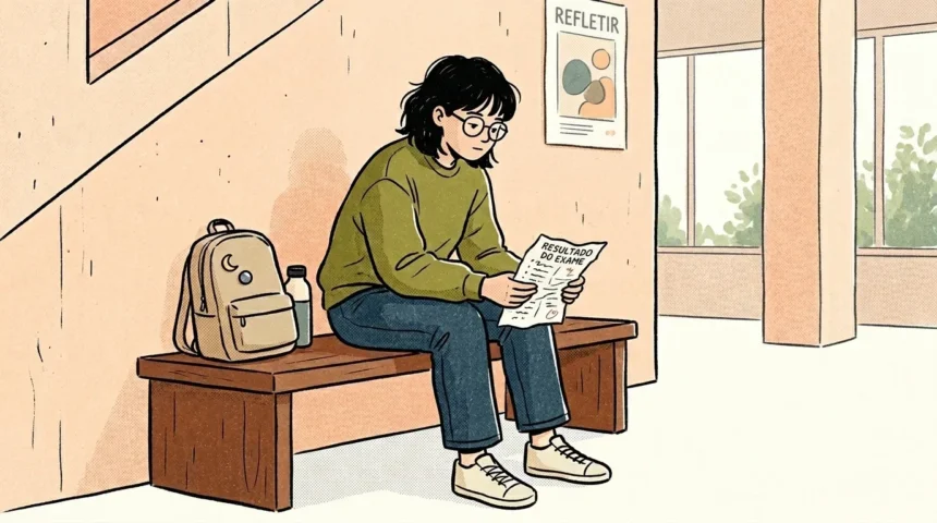 Uma estudante de cabelo curto e óculos, vestindo um moletom verde e jeans, está sentada desanimada e com a cabeça baixa em um banco de madeira no corredor da escola. Ela segura e lê um papel com o título "RESULTADO DO EXAME", que mostra uma nota "3/10" riscada em vermelho. Ao lado dela, no banco, estão sua mochila bege com pins e uma garrafa d'água. Na parede de concreto rosa atrás, há um pôster com formas geométricas e a palavra "REFLETIR" no topo. Duas janelas grandes ao fundo mostram uma árvore verde. O estilo é de quadrinhos com textura granulada. (como se preparar para o vestibular depois de uma reprovação)