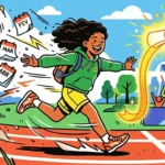 Uma ilustração vibrante e dinâmica de uma jovem estudante brasileira, com cabelos cacheados e pele escura, correndo vigorosamente em uma pista de atletismo. Ela veste um moletom verde (com 'BR' escrito) e shorts amarelos, sorrindo e olhando para a frente com determinação. Ao correr, ela deixa para trás ícones flutuantes de um cronômetro e folhas de calendário com os meses JAN, FEV, MAR, ABR, simbolizando o tempo passando e a disciplina. À frente dela, uma linha de chegada de fita dourada e brilhante e um diploma de graduação flutuante esperam como o prêmio final. O fundo mostra um estádio lotado com espectadores torcendo e agitando bandeiras coloridas. (critérios para escolher cursinho preparatório)