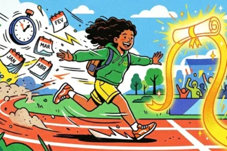 Uma ilustração vibrante e dinâmica de uma jovem estudante brasileira, com cabelos cacheados e pele escura, correndo vigorosamente em uma pista de atletismo. Ela veste um moletom verde (com 'BR' escrito) e shorts amarelos, sorrindo e olhando para a frente com determinação. Ao correr, ela deixa para trás ícones flutuantes de um cronômetro e folhas de calendário com os meses JAN, FEV, MAR, ABR, simbolizando o tempo passando e a disciplina. À frente dela, uma linha de chegada de fita dourada e brilhante e um diploma de graduação flutuante esperam como o prêmio final. O fundo mostra um estádio lotado com espectadores torcendo e agitando bandeiras coloridas. (critérios para escolher cursinho preparatório)