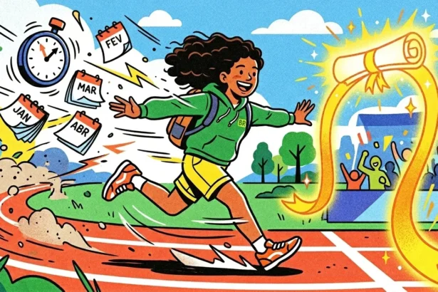 Uma ilustração vibrante e dinâmica de uma jovem estudante brasileira, com cabelos cacheados e pele escura, correndo vigorosamente em uma pista de atletismo. Ela veste um moletom verde (com 'BR' escrito) e shorts amarelos, sorrindo e olhando para a frente com determinação. Ao correr, ela deixa para trás ícones flutuantes de um cronômetro e folhas de calendário com os meses JAN, FEV, MAR, ABR, simbolizando o tempo passando e a disciplina. À frente dela, uma linha de chegada de fita dourada e brilhante e um diploma de graduação flutuante esperam como o prêmio final. O fundo mostra um estádio lotado com espectadores torcendo e agitando bandeiras coloridas. (critérios para escolher cursinho preparatório)