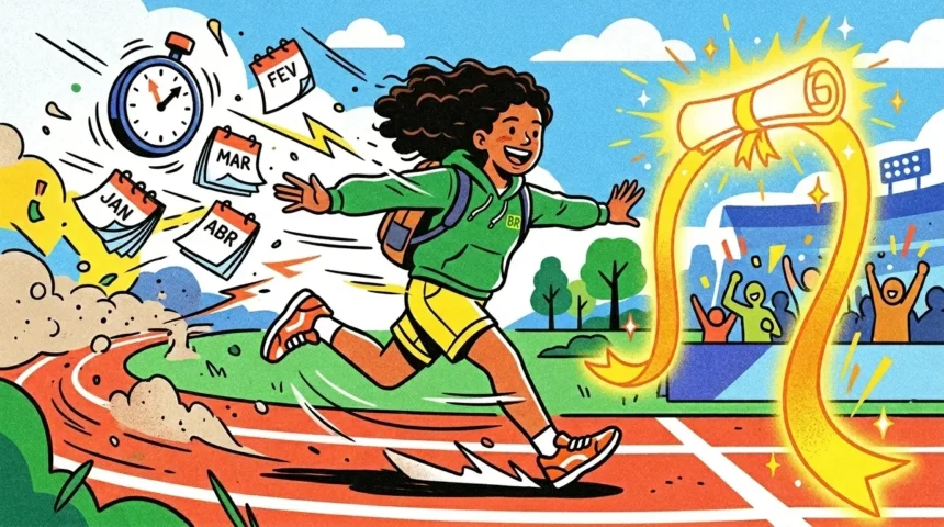 Uma ilustração vibrante e dinâmica de uma jovem estudante brasileira, com cabelos cacheados e pele escura, correndo vigorosamente em uma pista de atletismo. Ela veste um moletom verde (com 'BR' escrito) e shorts amarelos, sorrindo e olhando para a frente com determinação. Ao correr, ela deixa para trás ícones flutuantes de um cronômetro e folhas de calendário com os meses JAN, FEV, MAR, ABR, simbolizando o tempo passando e a disciplina. À frente dela, uma linha de chegada de fita dourada e brilhante e um diploma de graduação flutuante esperam como o prêmio final. O fundo mostra um estádio lotado com espectadores torcendo e agitando bandeiras coloridas. (critérios para escolher cursinho preparatório)