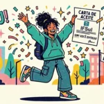 Uma ilustração colorida em estilo de quadrinhos de uma jovem estudante negra com cabelo cacheado pulando de alegria e segurando uma carta de admissão do "IFSul" com o texto "SIM! VOCÊ ENTROU!". Ela veste um moletom verde e calças largas. Ao redor dela, há confetes e estrelas flutuando. À esquerda, o texto "UHU!" e à direita o texto "SIM!". Ao fundo, há árvores coloridas e, à direita, um prédio com uma faixa onde se lê "PARABÉNS!". O estilo é granulado e texturizado. (como passar no Instituto Federal)