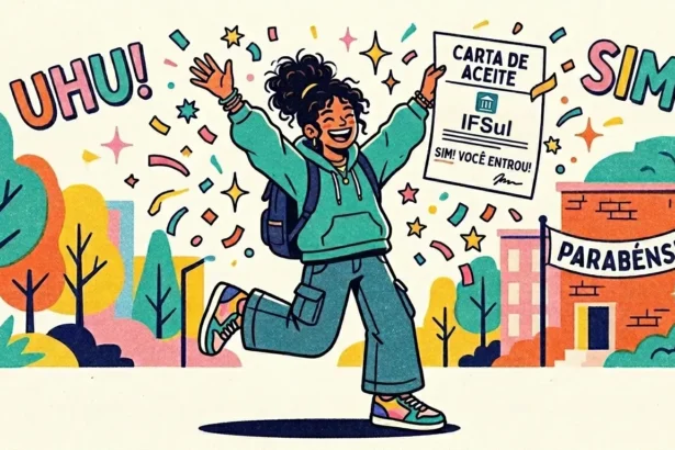 Uma ilustração colorida em estilo de quadrinhos de uma jovem estudante negra com cabelo cacheado pulando de alegria e segurando uma carta de admissão do "IFSul" com o texto "SIM! VOCÊ ENTROU!". Ela veste um moletom verde e calças largas. Ao redor dela, há confetes e estrelas flutuando. À esquerda, o texto "UHU!" e à direita o texto "SIM!". Ao fundo, há árvores coloridas e, à direita, um prédio com uma faixa onde se lê "PARABÉNS!". O estilo é granulado e texturizado. (como passar no Instituto Federal)