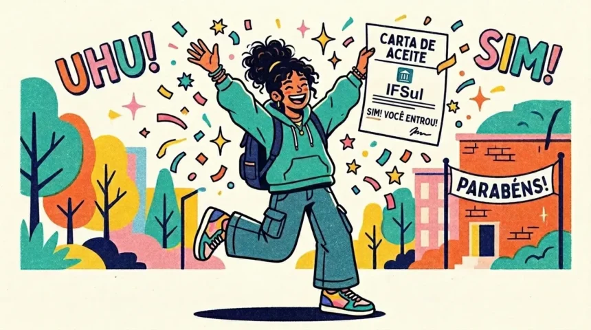 Uma ilustração colorida em estilo de quadrinhos de uma jovem estudante negra com cabelo cacheado pulando de alegria e segurando uma carta de admissão do "IFSul" com o texto "SIM! VOCÊ ENTROU!". Ela veste um moletom verde e calças largas. Ao redor dela, há confetes e estrelas flutuando. À esquerda, o texto "UHU!" e à direita o texto "SIM!". Ao fundo, há árvores coloridas e, à direita, um prédio com uma faixa onde se lê "PARABÉNS!". O estilo é granulado e texturizado. (como passar no Instituto Federal)