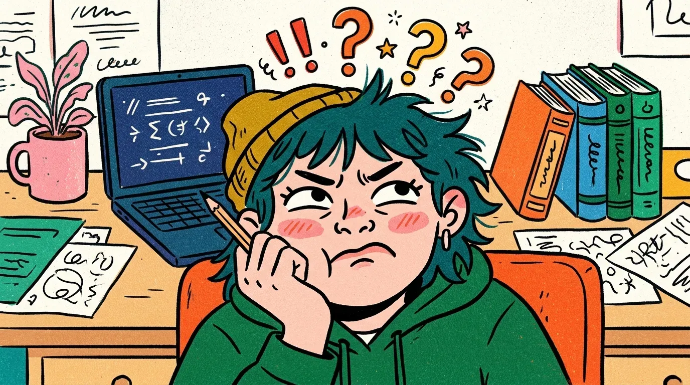 sociologia e filosofia no ENEM: Ilustração de estilo de quadrinhos colorida e granulada de uma estudante com cabelo verde-claro curto e gorro mostarda, sentada na escrivaninha de estudo com a mão no queixo e expressão de confusão, ligeiramente estressada. Ela segura um lápis. A escrivaninha está bagunçada com um notebook aberto que mostra fórmulas matemáticas e físicas complexas, livros de texto empilhados, papéis espalhados e uma caneca com uma planta rosa. Sinais de pontuação flutuam acima dela, ilustrando seu desafio intelectual e as questões que ela está processando. O cenário transmite foco e determinação em face de problemas difíceis.