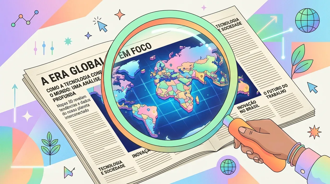 atualidades no vestibular: Ilustração vetorial em tons pastel e degradê que mostra uma mão segurando uma grande lupa sobre um jornal aberto. A lupa foca e amplia um mapa-múndi estilizado e muito colorido. A manchete principal do jornal diz em letras garrafais: "A ERA GLOBAL EM FOCO", com o subtítulo: "COMO A TECNOLOGIA CONECTA O MUNDO: UMA ANÁLISE PROFUNDA". Outras seções visíveis no jornal trazem títulos como "Tecnologia e Sociedade", "Inovação no Brasil" e "O Futuro do Trabalho". O fundo da imagem é composto por elementos gráficos abstratos, incluindo setas de cursor de computador, mini gráficos de linha e de pizza, estrelas e pequenos globos terrestres, reforçando a temática de análise de dados e globalização.