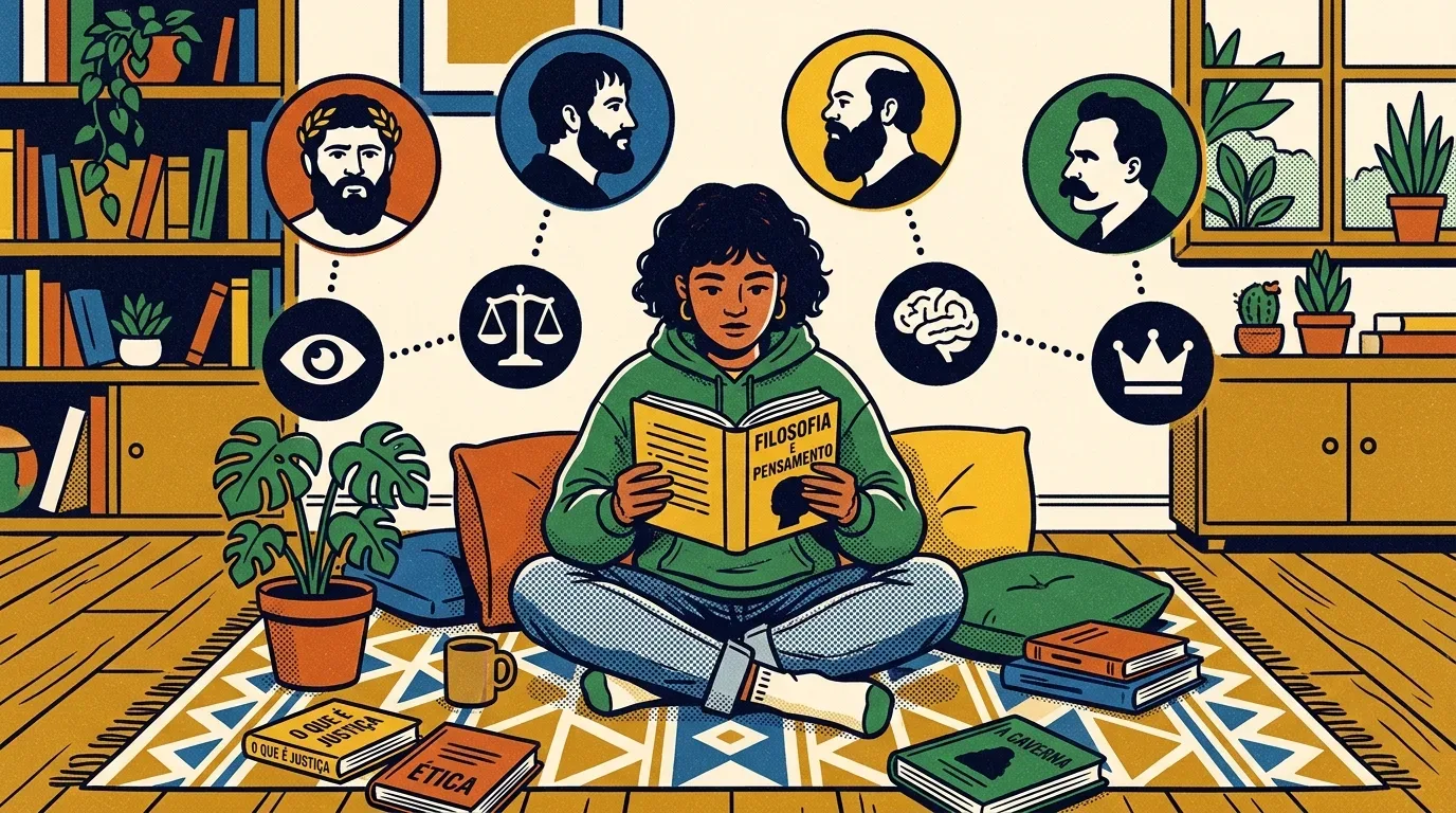 sociologia e filosofia no ENEM: Ilustração de estilo de quadrinhos colorida e granulada de uma estudante negra sentada de pernas cruzadas no tapete de um quarto de estudo, lendo um livro intitulado "Filosofia e Pensamento". Bolhas de pensamento flutuam acima dela com retratos de filósofos clássicos e ícones como uma balança de justiça, um cérebro e uma coroa, simbolizando seus pensamentos e reflexões. O quarto está repleto de estantes de livros, plantas em vasos e uma janela com vista para o jardim. Livros adicionais no chão incluem "O que é Justiça?", "Ética" e "A Caverna". O cenário transmite imersão intelectual e reflexão profunda.