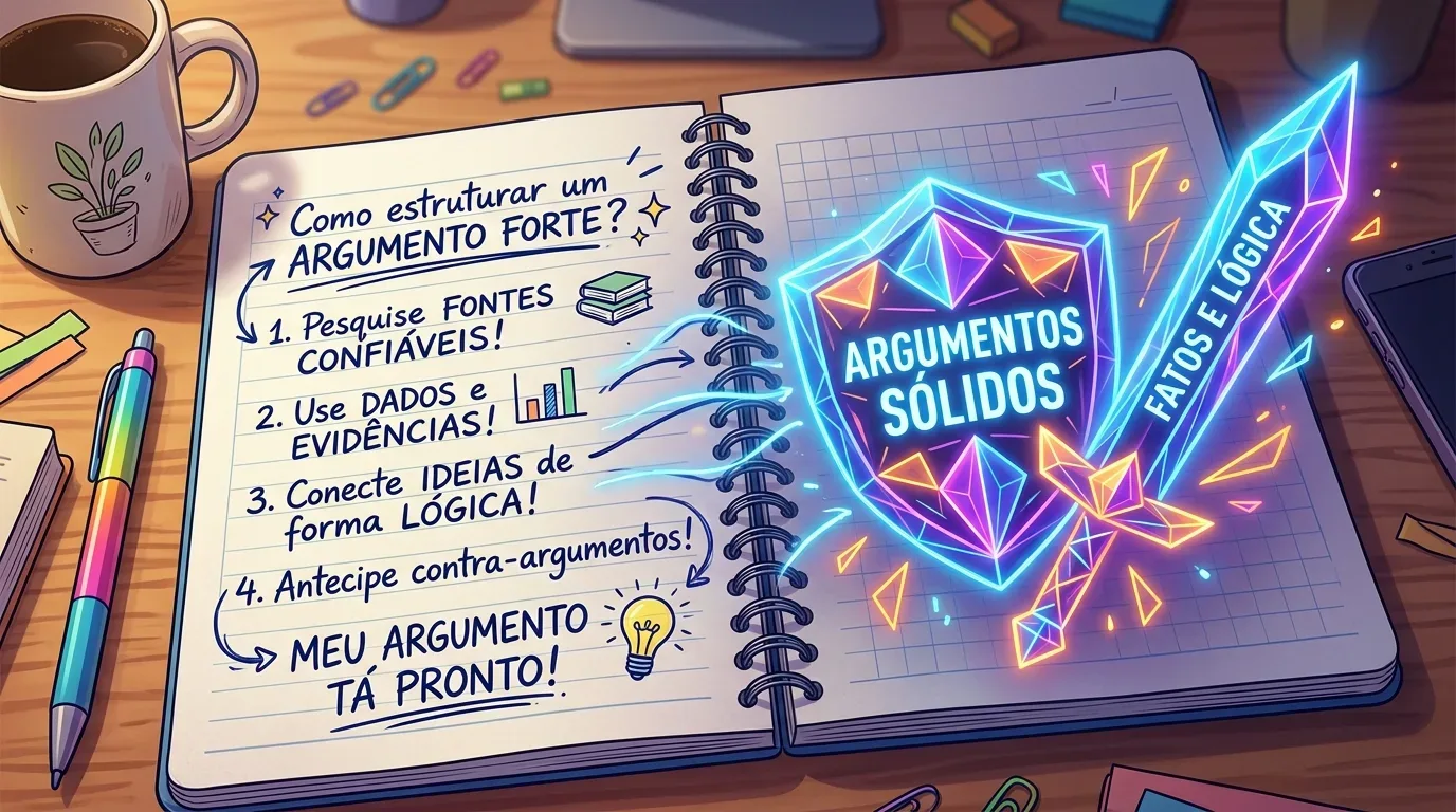 atualidades no vestibular: Ilustração colorida e vibrante de um caderno espiral aberto sobre uma mesa de trabalho de madeira. Na página esquerda, há um texto manuscrito em português que serve como um guia de estudos: "Como estruturar um ARGUMENTO FORTE?", seguido por quatro tópicos numerados: "1. Pesquise FONTES CONFIÁVEIS!", "2. Use DADOS e EVIDÊNCIAS!", "3. Conecte IDEIAS de forma LÓGICA!" e "4. Antecipe contra-argumentos!". Ao final, a frase: "MEU ARGUMENTO TÁ PRONTO!" ao lado do desenho de uma lâmpada acesa. Na página direita, há um elemento gráfico brilhante com efeito neon que simula um escudo azul com o texto "ARGUMENTOS SÓLIDOS" e uma espada luminosa cruzada onde se lê "FATOS E LÓGICA". Ao redor do caderno, veem-se uma caneca de café, uma caneta colorida e um celular.