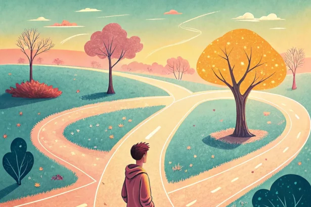 adolescente diante de vários caminhos que se bifurcam em paisagem colorida e luminosa (como escolher curso técnico no IF)