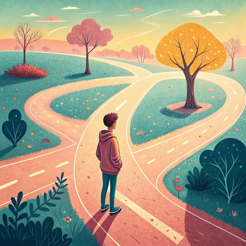 adolescente diante de vários caminhos que se bifurcam em paisagem colorida e luminosa (como escolher curso técnico no IF)