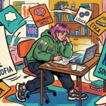 Estilo de quadrinhos colorida e granulada de uma estudante com cabelo rosa vibrante e moletom verde (com patches "SEJA CURIOSO" e smileys), sentada na escrivaninha de estudo de perfil, escrevendo em um caderno. Um notebook aberto mostra o texto "VIBES GERAÇÃO Z". Placas ou cartões de conceitos flutuam ao redor dela, incluindo um retrato de Sócrates/Platão com "FILOSOFIA", ícones de grupos de pessoas com "SOCIOLOGIA" e "COMUNIDADE", engrenagens e cérebro com "LÓGICA" e "PENSAMENTO CRÍTICO", e livros de texto com "ÉTICA". O quarto está cheio de pôsteres motivacionais e livros. O cenário transmite imersão em várias disciplinas das ciências humanas e integração de conhecimento. (sociologia e filosofia no ENEM)
