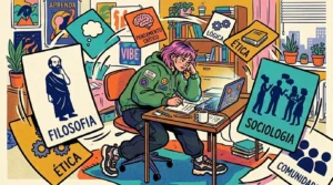 Estilo de quadrinhos colorida e granulada de uma estudante com cabelo rosa vibrante e moletom verde (com patches "SEJA CURIOSO" e smileys), sentada na escrivaninha de estudo de perfil, escrevendo em um caderno. Um notebook aberto mostra o texto "VIBES GERAÇÃO Z". Placas ou cartões de conceitos flutuam ao redor dela, incluindo um retrato de Sócrates/Platão com "FILOSOFIA", ícones de grupos de pessoas com "SOCIOLOGIA" e "COMUNIDADE", engrenagens e cérebro com "LÓGICA" e "PENSAMENTO CRÍTICO", e livros de texto com "ÉTICA". O quarto está cheio de pôsteres motivacionais e livros. O cenário transmite imersão em várias disciplinas das ciências humanas e integração de conhecimento. (sociologia e filosofia no ENEM)