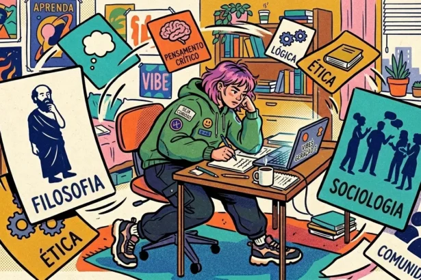 Estilo de quadrinhos colorida e granulada de uma estudante com cabelo rosa vibrante e moletom verde (com patches "SEJA CURIOSO" e smileys), sentada na escrivaninha de estudo de perfil, escrevendo em um caderno. Um notebook aberto mostra o texto "VIBES GERAÇÃO Z". Placas ou cartões de conceitos flutuam ao redor dela, incluindo um retrato de Sócrates/Platão com "FILOSOFIA", ícones de grupos de pessoas com "SOCIOLOGIA" e "COMUNIDADE", engrenagens e cérebro com "LÓGICA" e "PENSAMENTO CRÍTICO", e livros de texto com "ÉTICA". O quarto está cheio de pôsteres motivacionais e livros. O cenário transmite imersão em várias disciplinas das ciências humanas e integração de conhecimento. (sociologia e filosofia no ENEM)