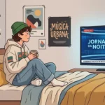 Ilustração em estilo desenho animado moderno de um jovem sentado de pernas cruzadas em uma cama aconchegante, assistindo à televisão. Ele veste um gorro verde, moletom claro e calça jeans, e segura uma caneca nas mãos. À sua frente, uma TV de tela plana exibe um telejornal ao vivo chamado "JORNAL DA NOITE", apresentado por uma mulher de blazer verde. Na barra de notícias inferior da TV, lê-se: "ECONOMIA E POLÍTICA NO BRASIL: ÚLTIMAS ATUALIZAÇÕES - AGORA AO VIVO". O quarto tem uma iluminação calorosa, com um abajur aceso, prateleiras com livros decoradas com luzes pisca-pisca e pôsteres na parede, incluindo um com os dizeres "MÚSICA URBANA". (atualidades no vestibular)