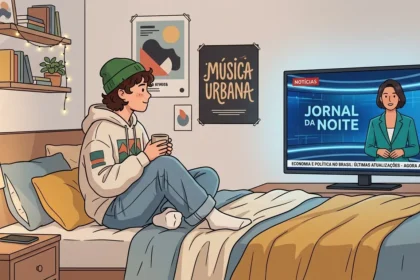 Ilustração em estilo desenho animado moderno de um jovem sentado de pernas cruzadas em uma cama aconchegante, assistindo à televisão. Ele veste um gorro verde, moletom claro e calça jeans, e segura uma caneca nas mãos. À sua frente, uma TV de tela plana exibe um telejornal ao vivo chamado "JORNAL DA NOITE", apresentado por uma mulher de blazer verde. Na barra de notícias inferior da TV, lê-se: "ECONOMIA E POLÍTICA NO BRASIL: ÚLTIMAS ATUALIZAÇÕES - AGORA AO VIVO". O quarto tem uma iluminação calorosa, com um abajur aceso, prateleiras com livros decoradas com luzes pisca-pisca e pôsteres na parede, incluindo um com os dizeres "MÚSICA URBANA". (atualidades no vestibular)