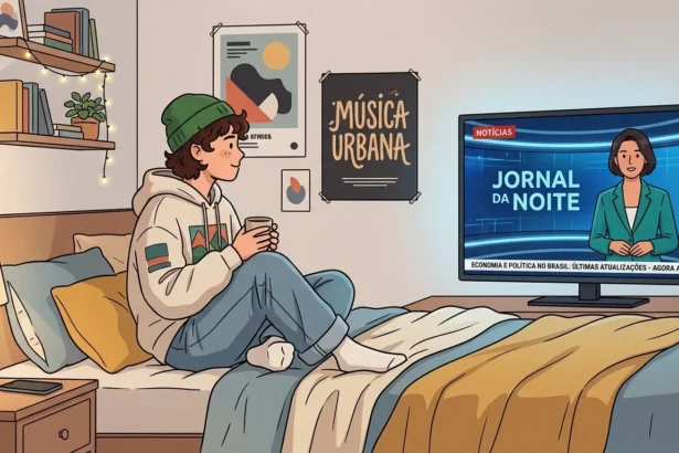 Ilustração em estilo desenho animado moderno de um jovem sentado de pernas cruzadas em uma cama aconchegante, assistindo à televisão. Ele veste um gorro verde, moletom claro e calça jeans, e segura uma caneca nas mãos. À sua frente, uma TV de tela plana exibe um telejornal ao vivo chamado "JORNAL DA NOITE", apresentado por uma mulher de blazer verde. Na barra de notícias inferior da TV, lê-se: "ECONOMIA E POLÍTICA NO BRASIL: ÚLTIMAS ATUALIZAÇÕES - AGORA AO VIVO". O quarto tem uma iluminação calorosa, com um abajur aceso, prateleiras com livros decoradas com luzes pisca-pisca e pôsteres na parede, incluindo um com os dizeres "MÚSICA URBANA". (atualidades no vestibular)
