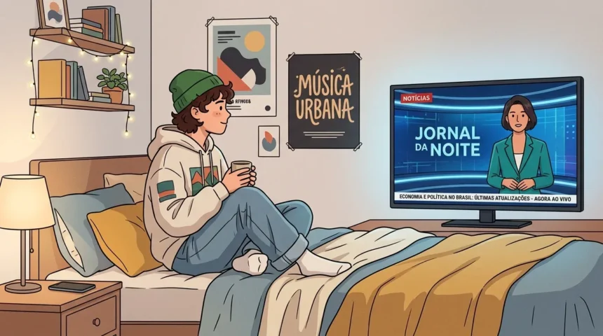 Ilustração em estilo desenho animado moderno de um jovem sentado de pernas cruzadas em uma cama aconchegante, assistindo à televisão. Ele veste um gorro verde, moletom claro e calça jeans, e segura uma caneca nas mãos. À sua frente, uma TV de tela plana exibe um telejornal ao vivo chamado "JORNAL DA NOITE", apresentado por uma mulher de blazer verde. Na barra de notícias inferior da TV, lê-se: "ECONOMIA E POLÍTICA NO BRASIL: ÚLTIMAS ATUALIZAÇÕES - AGORA AO VIVO". O quarto tem uma iluminação calorosa, com um abajur aceso, prateleiras com livros decoradas com luzes pisca-pisca e pôsteres na parede, incluindo um com os dizeres "MÚSICA URBANA". (atualidades no vestibular)