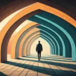 arcos geométricos sobrepostos em perspectiva, luz âmbar emanando do centro, estilo ilustração editorial (vestibular IFSul 2027)