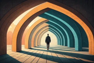 arcos geométricos sobrepostos em perspectiva, luz âmbar emanando do centro, estilo ilustração editorial (vestibular IFSul 2027)